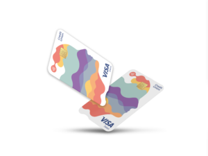 Two overlapping Visa debit cards with colorful abstract artwork, chip and contactless payment features, and Credit Union branding, displayed against a plain light gray background.